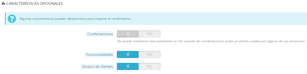 Caracteristicas opcionales prestashop