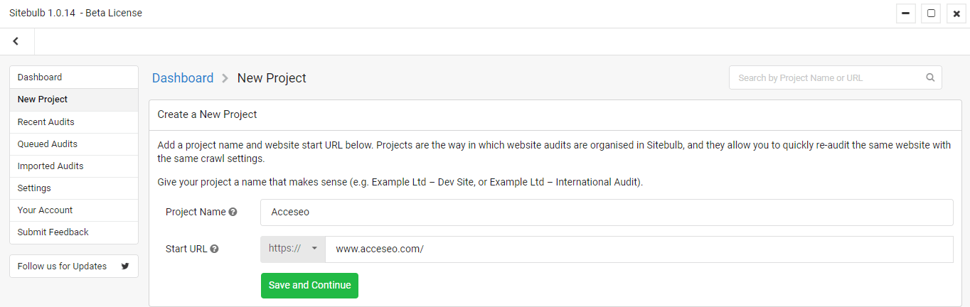 Sitebulb agregar proyecto