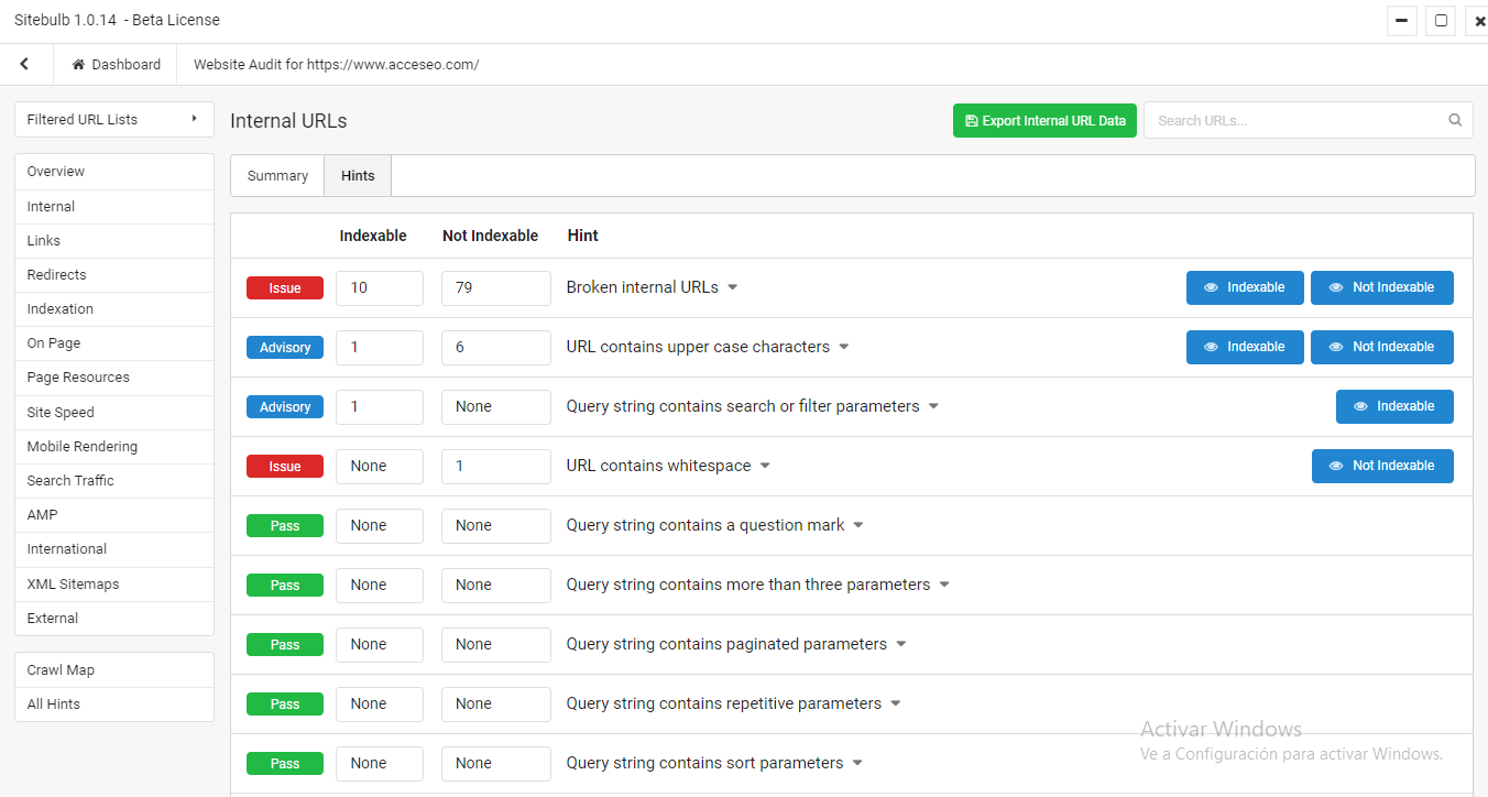 sitebulb internal hints