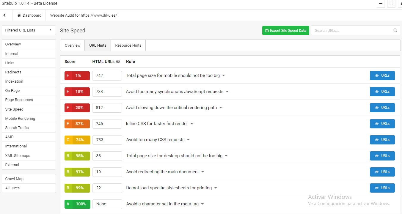 sitebulb site speed hints