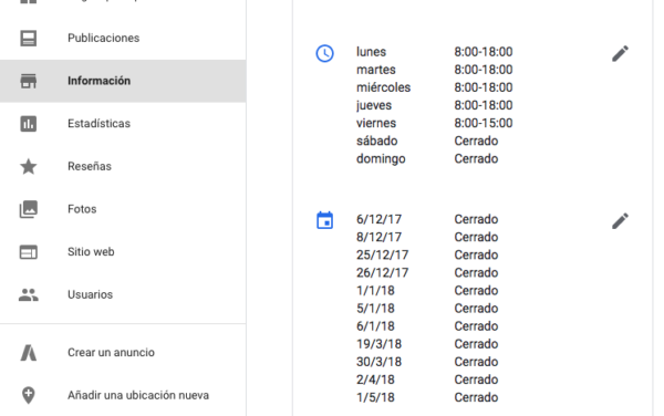 Horarios Google My Business