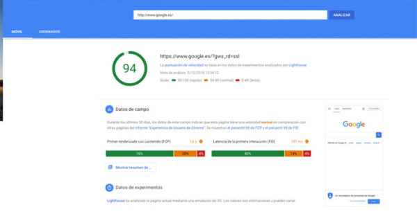 Herramienta de Google PageSpeedInsights