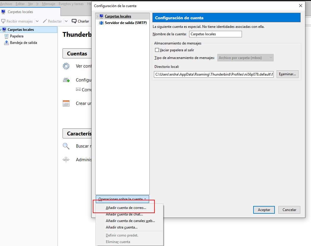 Añadir nueva cuenta de correo en Mozilla Thunderbird