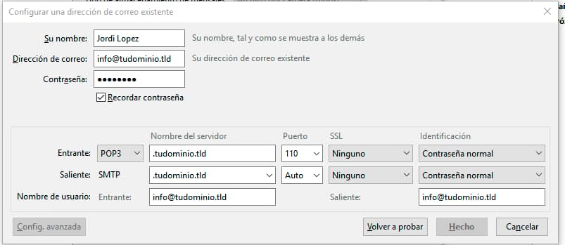 Pantalla de configuración manual de un correo electrónico en Thunderbird