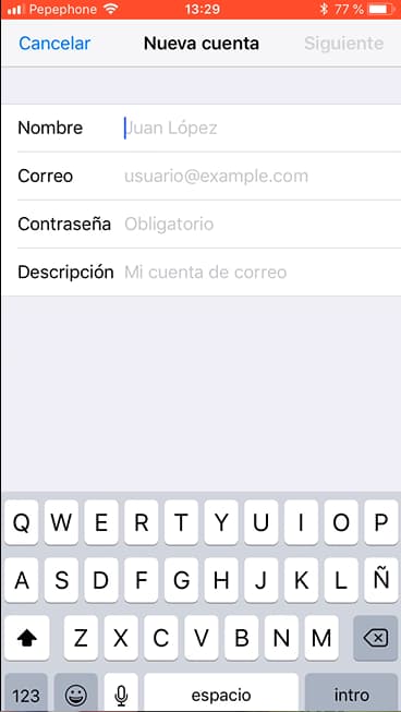 información inicial al configurar un correo electrónico en un dispositivo iPhone