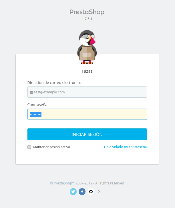 formulario de login en el administrador de prestashop