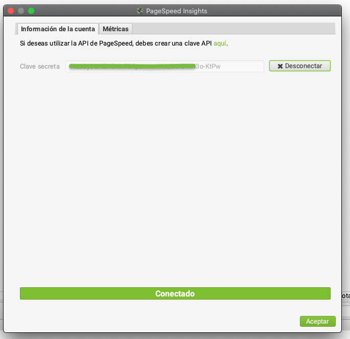 captura pantalla conectando api page speed insights