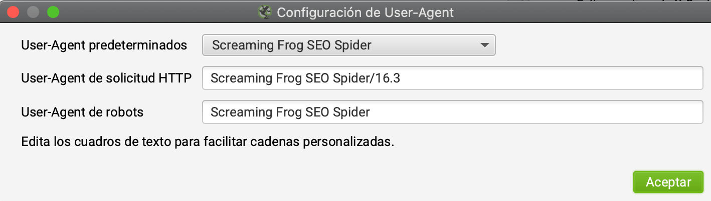 captura pantalla user agent screaming frog