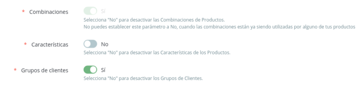 Configuración características opcionales PrestaShop