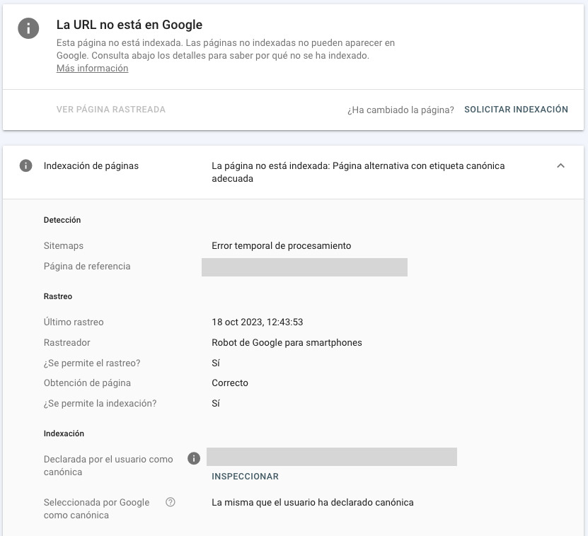 Inspeccionar Url en Search Console No Indexada