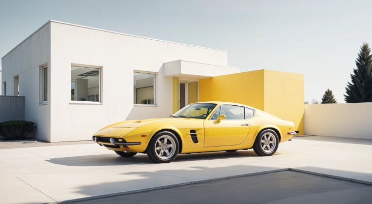 imagen generada con ia pikaso de freepik de un coche deportivo aparcado delante de una moderna casa realista