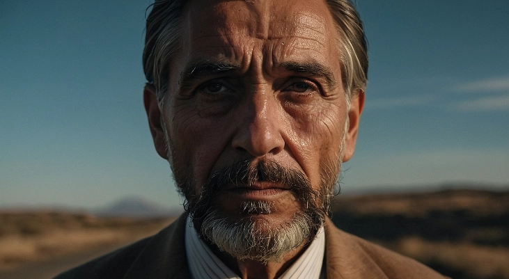 imagen generada con ia leonardo.ai de un rostro de un hombre con un aire cinematográfico