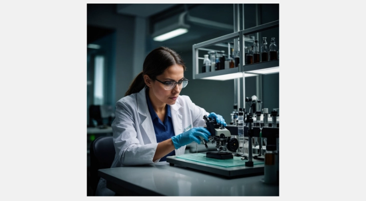 imagen generada con ia leonardo.ai de una mujer científica en el laboratorio