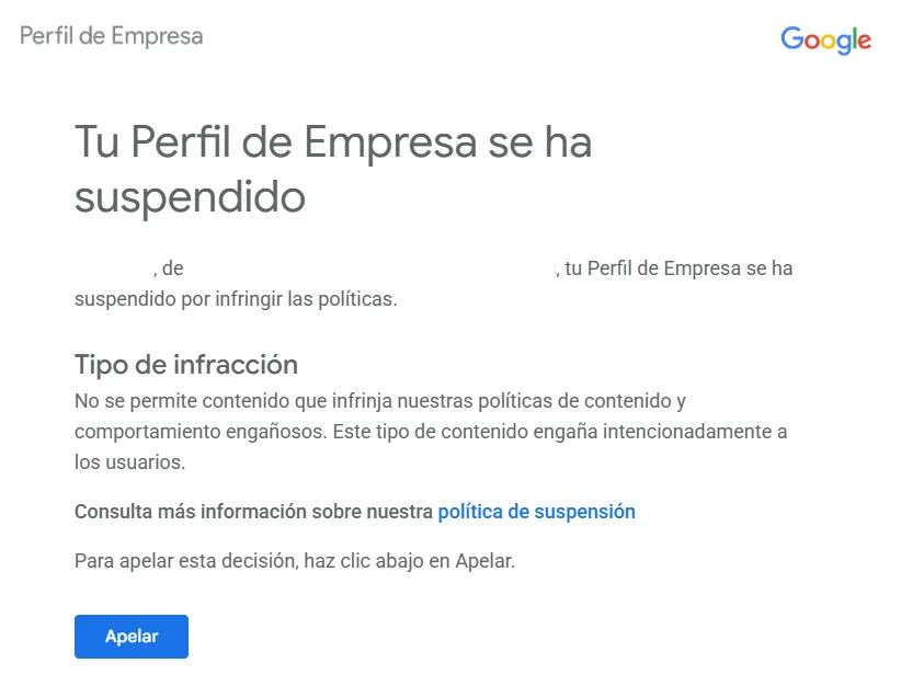 Notificación suspención ficha de empresa por correo